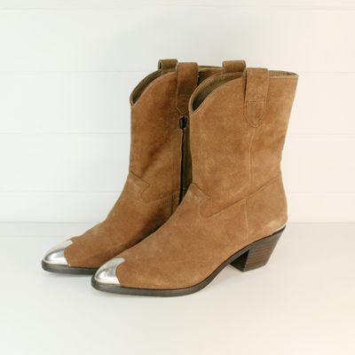 ASH Tan Suede Cowboy Ankle Boots With Metal Toe Caps and Heel Guards - 36