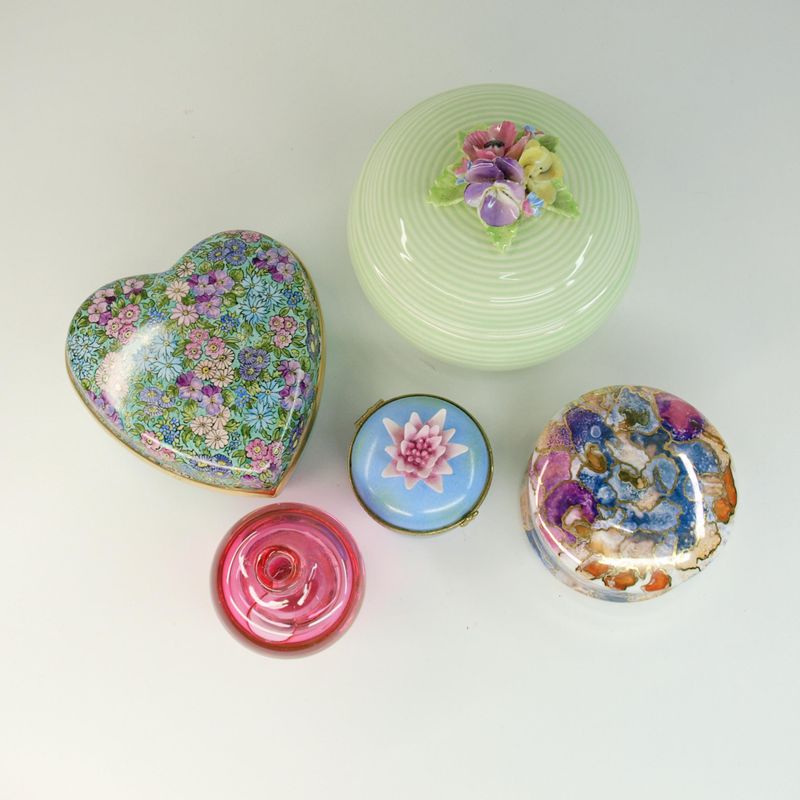 Vintage Ceramic Colourful Lidded Trinket Pots + Glass Vase