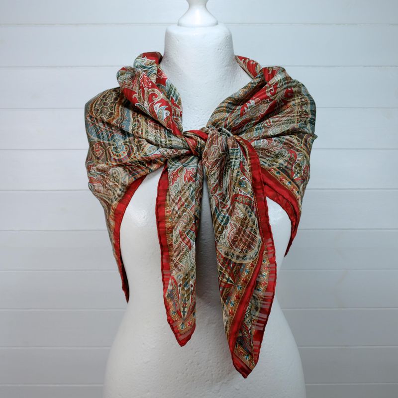 Vintage Silk Scarf Paisley - Hand Rolled - Self-Stripe