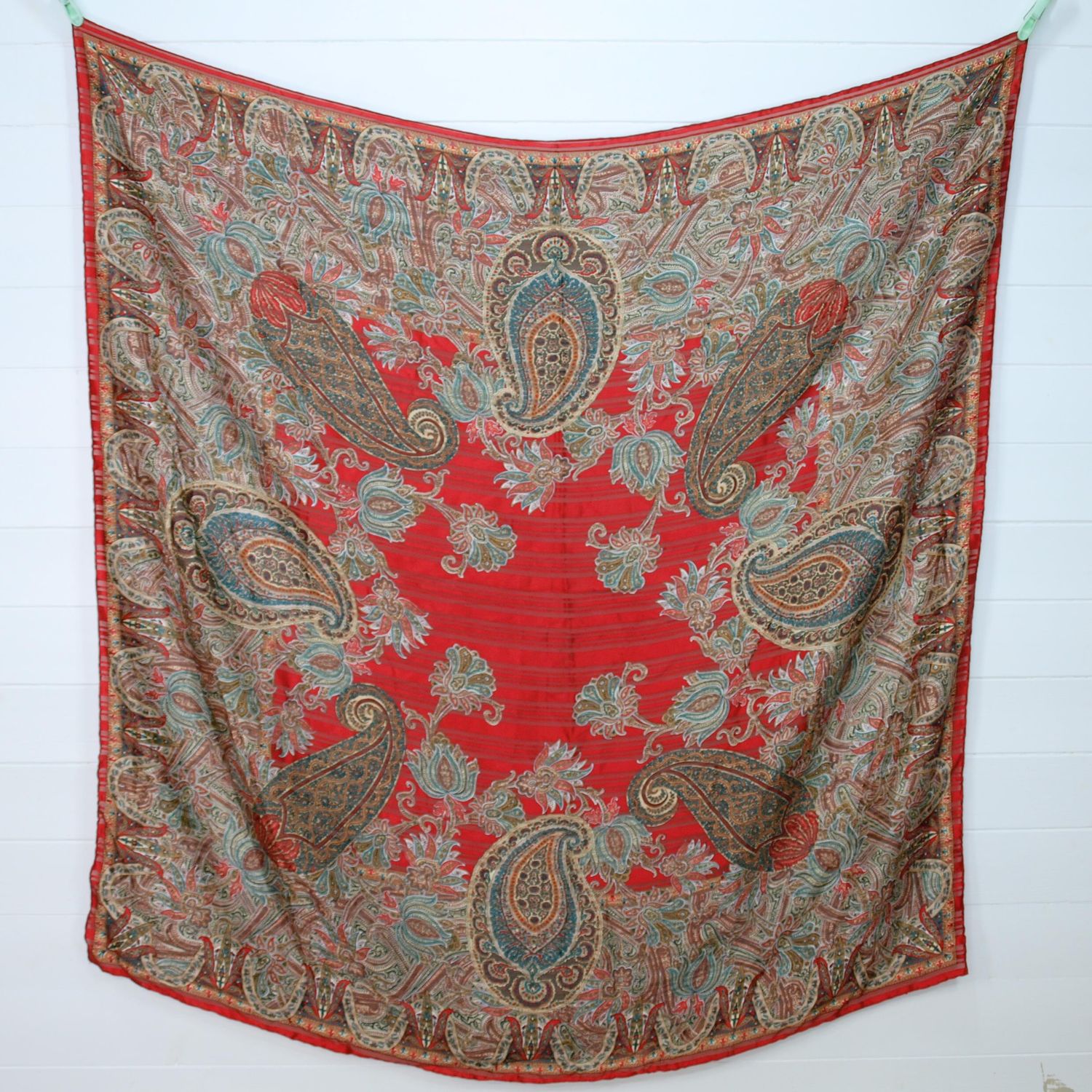 Vintage Silk Scarf Paisley - Hand Rolled - Self-Stripe