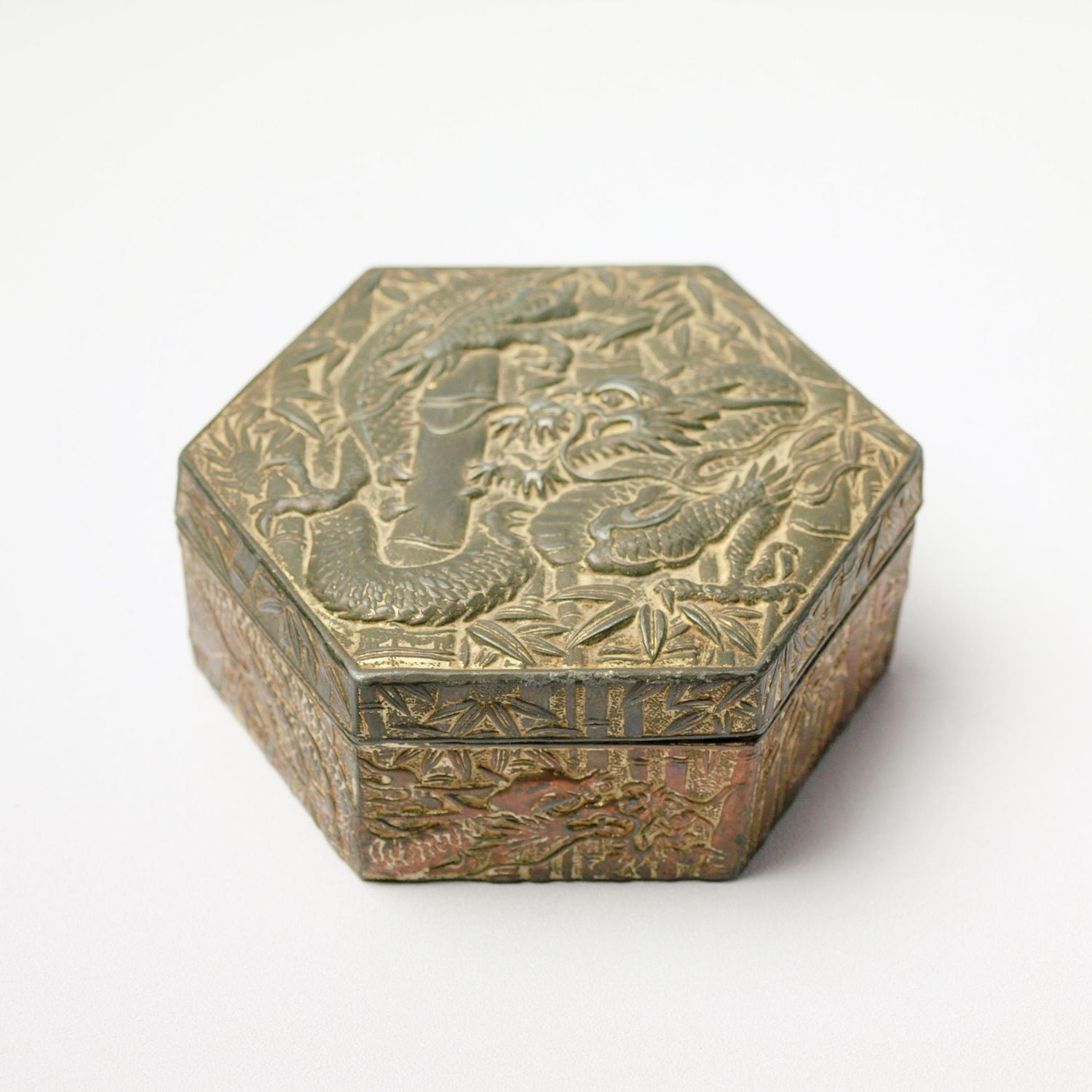 Vintage Chinese Dragon Repousse Metal Box