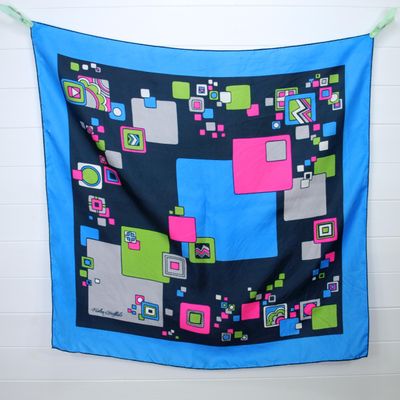 Fisba Stoffels Vintage Square Silk Scarf Blue Geometric