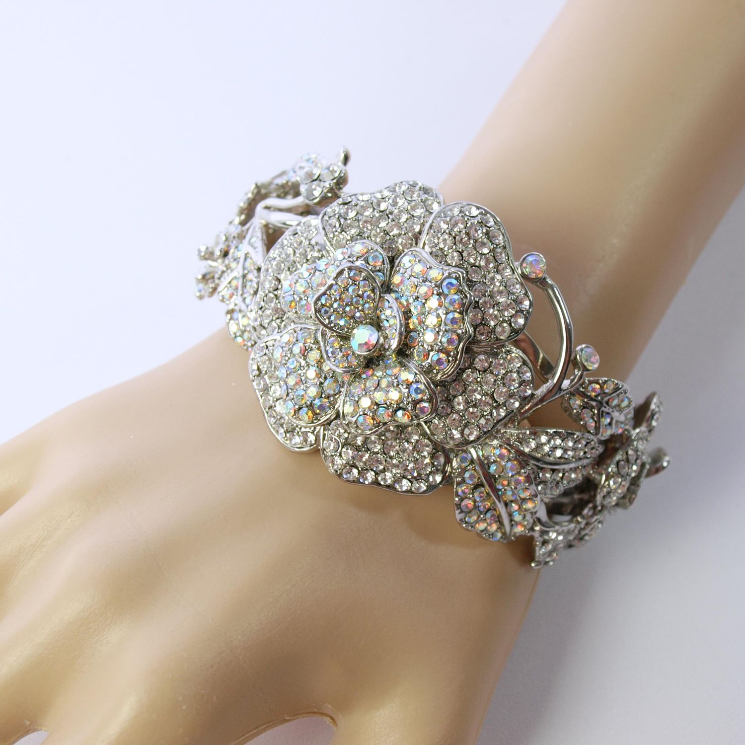 Butler &amp; Wilson Rhinestone Floral Clamper Bangle Bracelet - Vintage? Showstopper!