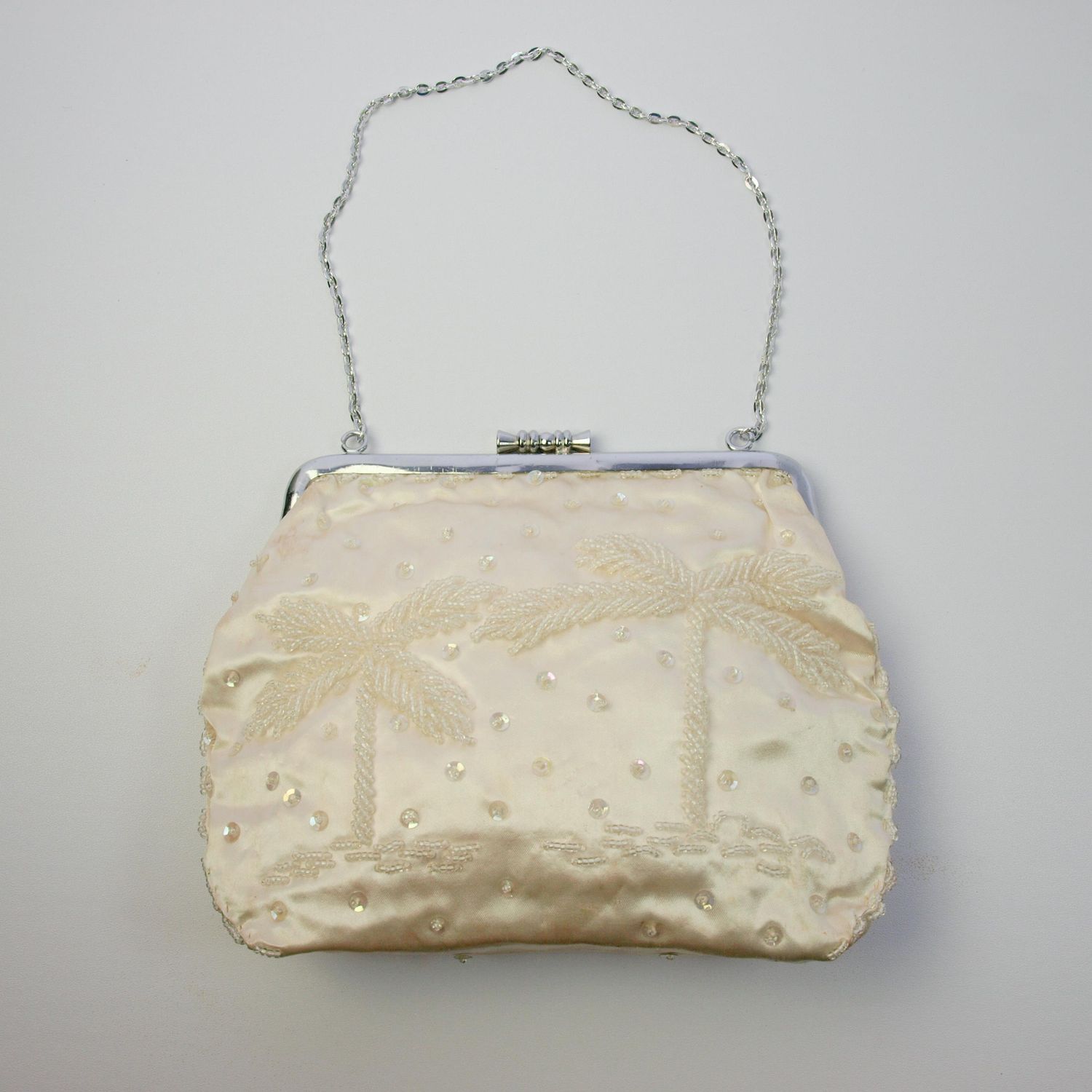 Vintage 1940s or 50s Cream Satin &amp; Chrome Evening Bag