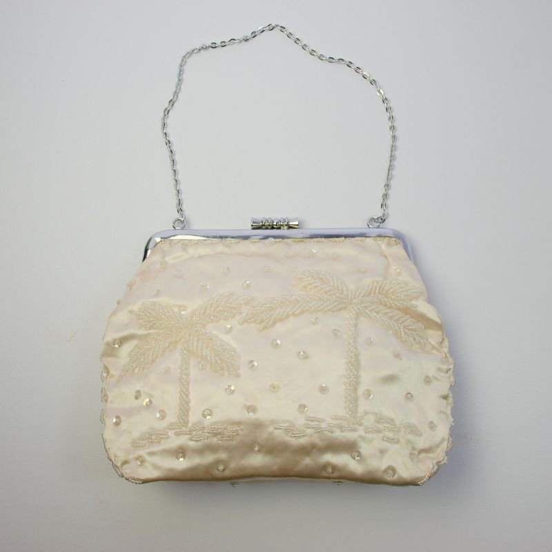 Vintage 1940s or 50s Cream Satin &amp; Chrome Evening Bag