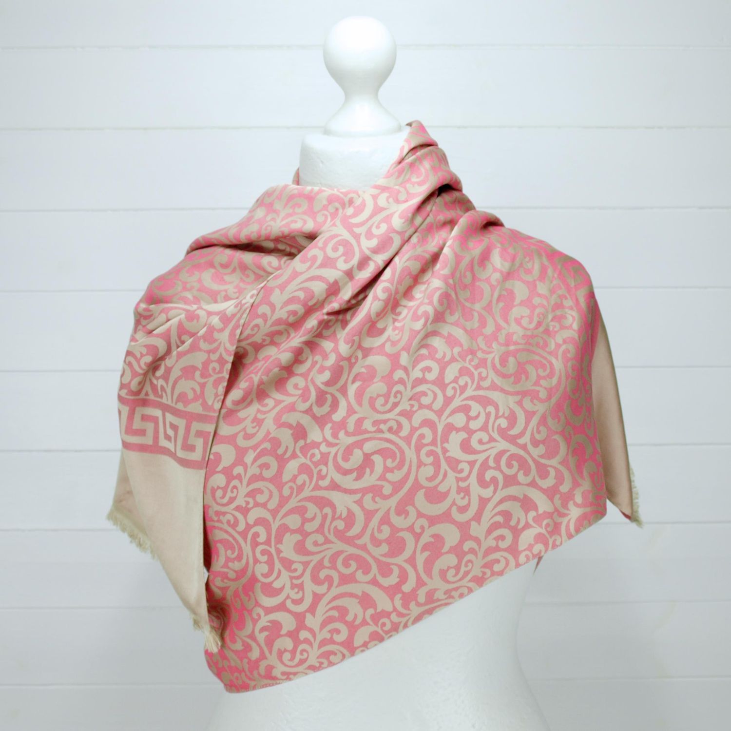 Serh-I Sal Silky Damask Pink &amp; Beige Rectangle Wrap or Shawl