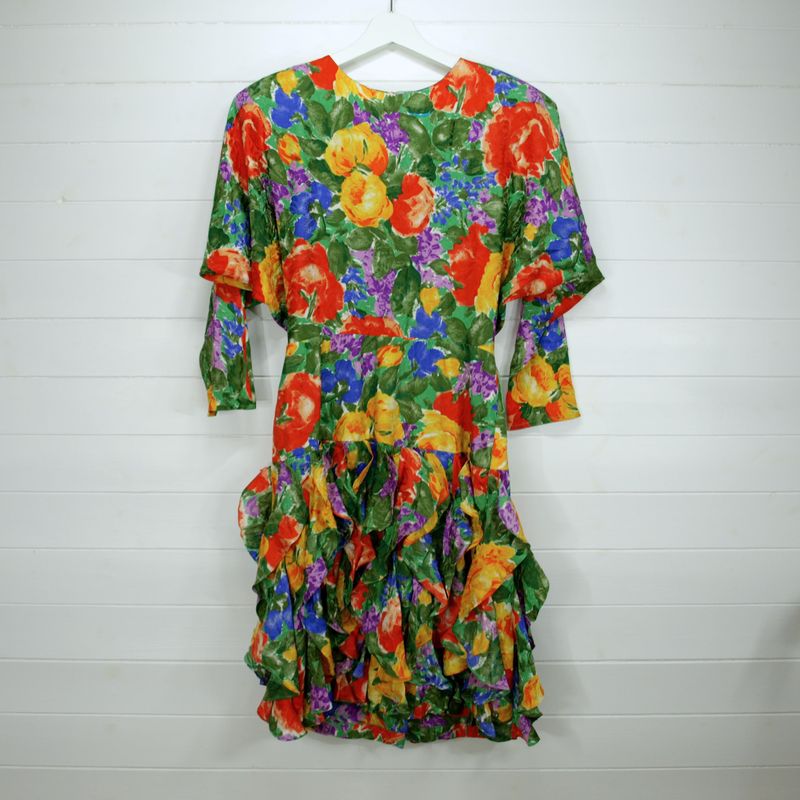 Gillian Vintage 80s Silk Batwing Ruffle Dress Size 8