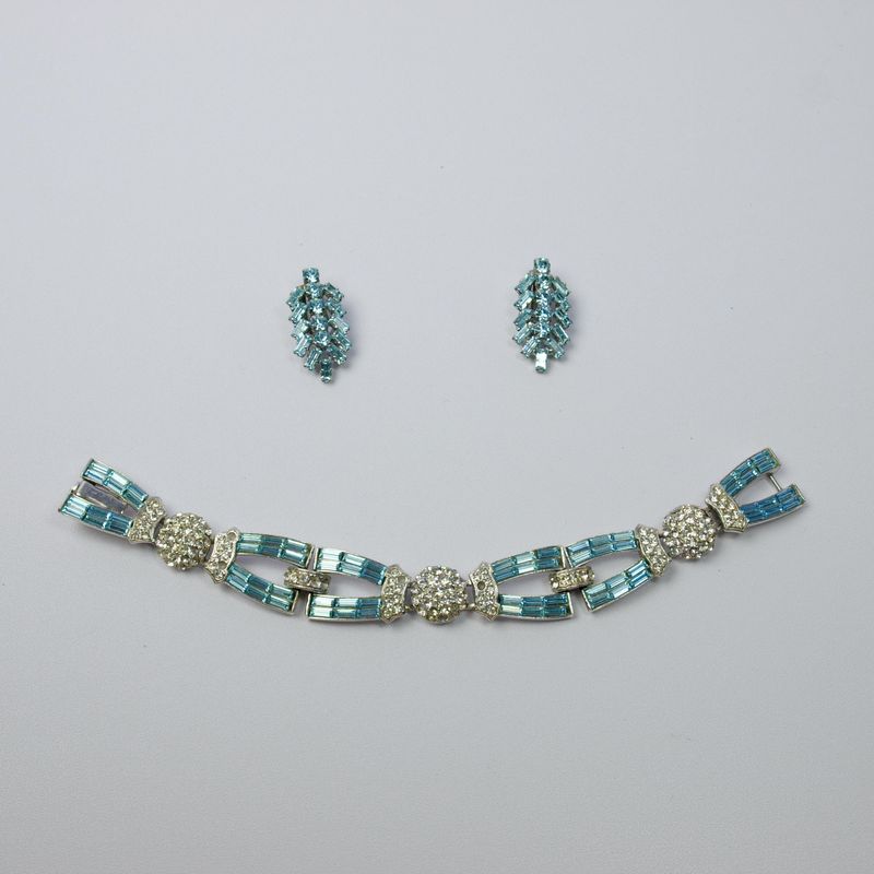 Vintage Art Deco Blue Rhinestone Bracelet &amp; Earrings