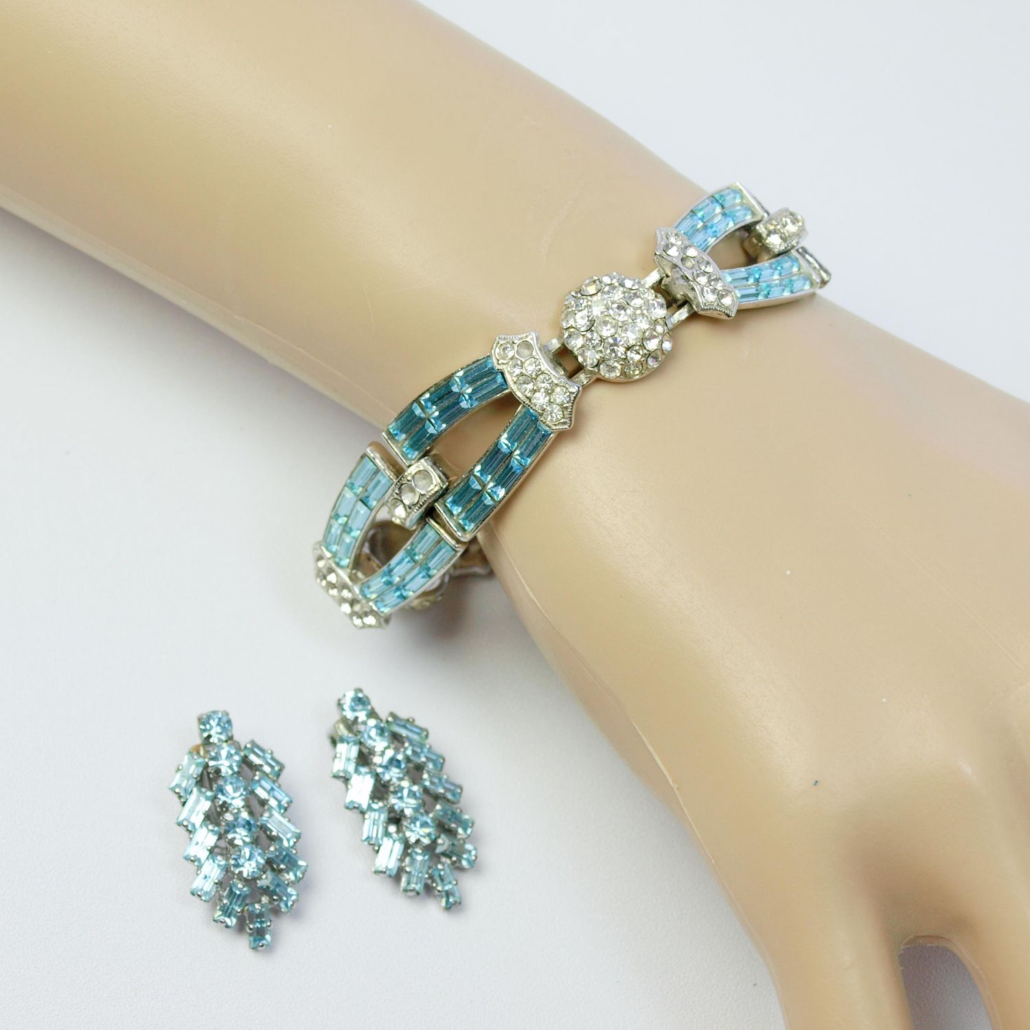 Vintage Art Deco Blue Rhinestone Bracelet &amp; Clip Earrings