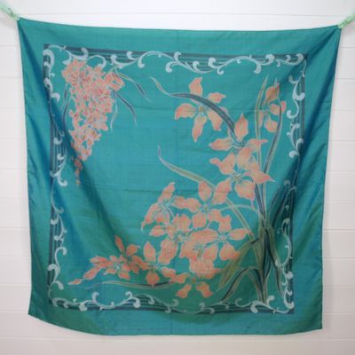 Vintage Green Thai Silk Square Scarf 