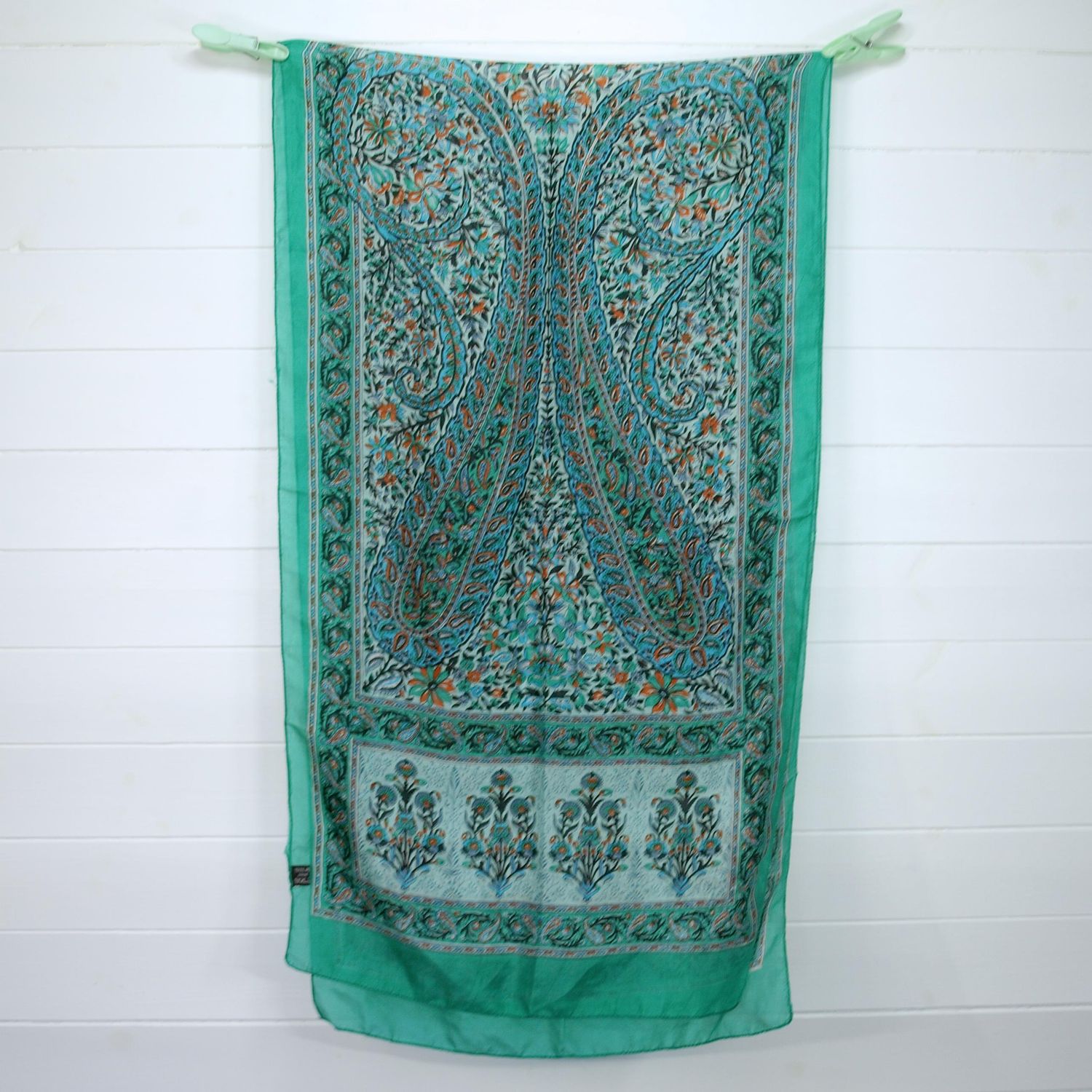 Vintage Boho Green Paisley Floaty Silk Rectangle Scarf - 170cm x 45cm