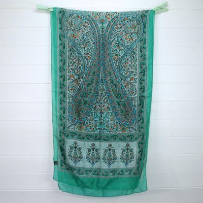 Vintage Boho Green Paisley Floaty Silk Rectangle Scarf - 170cm x 45cm