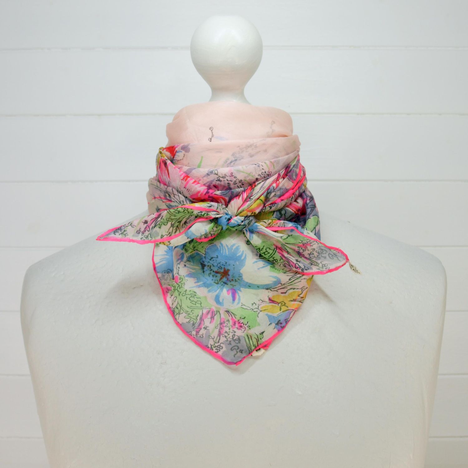 Vintage Floral Pink Silk Square Scarf 