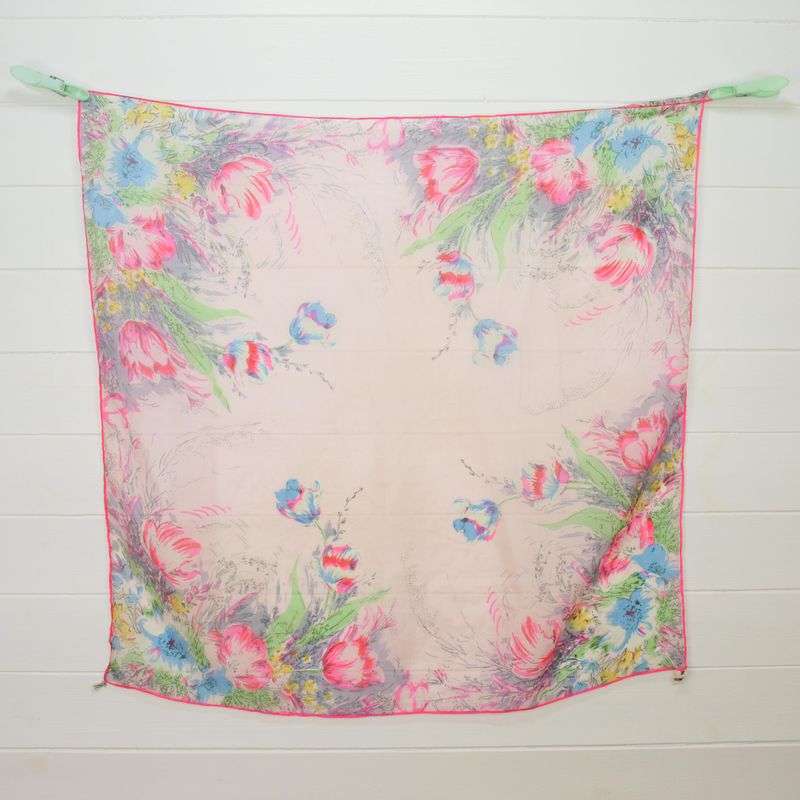 Vintage Floral Pink Silk Square Scarf 