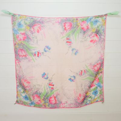 Vintage Floral Pink Silk Square Scarf 