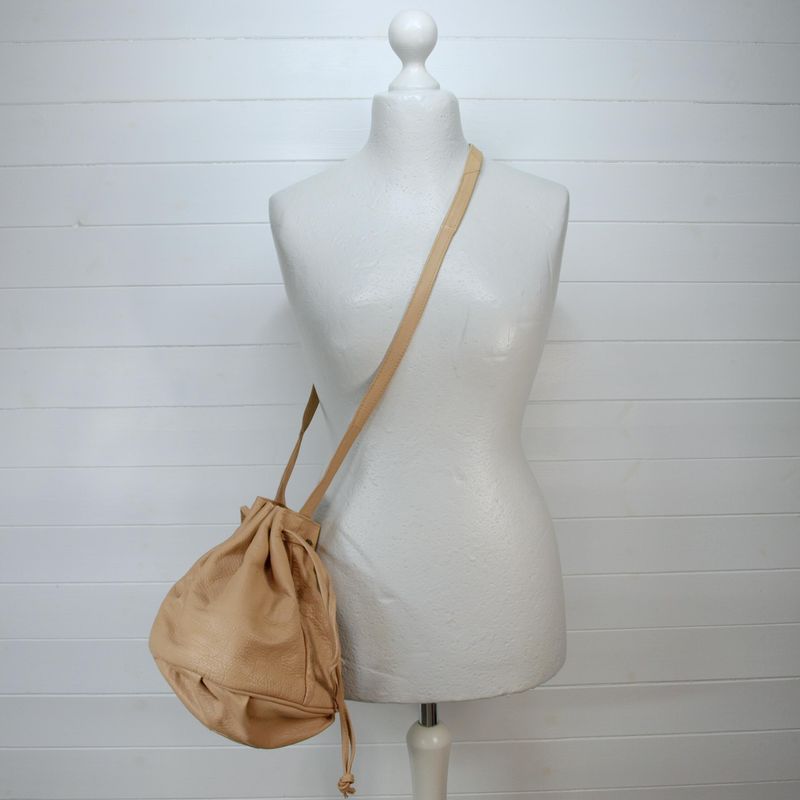 Alami Beige Leather Crossbody Drawstring Bag