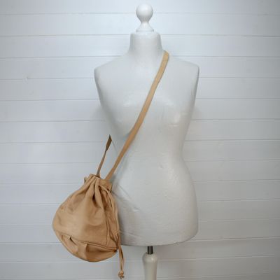 Alami Beige Leather Crossbody Drawstring Bag