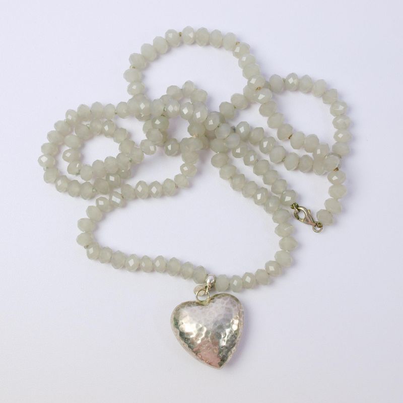 Grey Glass Bead &amp; Silver Puffed Heart Necklace