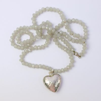 Grey Glass Bead &amp; Silver Puffed Heart Necklace