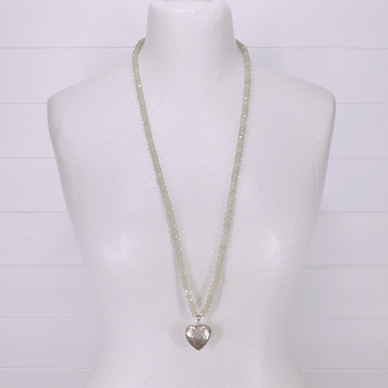 Grey Glass Bead &amp; Silver Puffed Heart Necklace