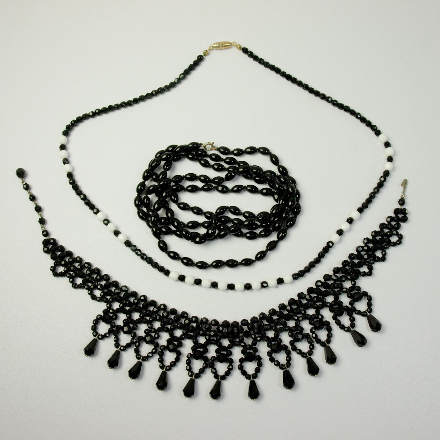 Three Vintage Black Glass Necklaces