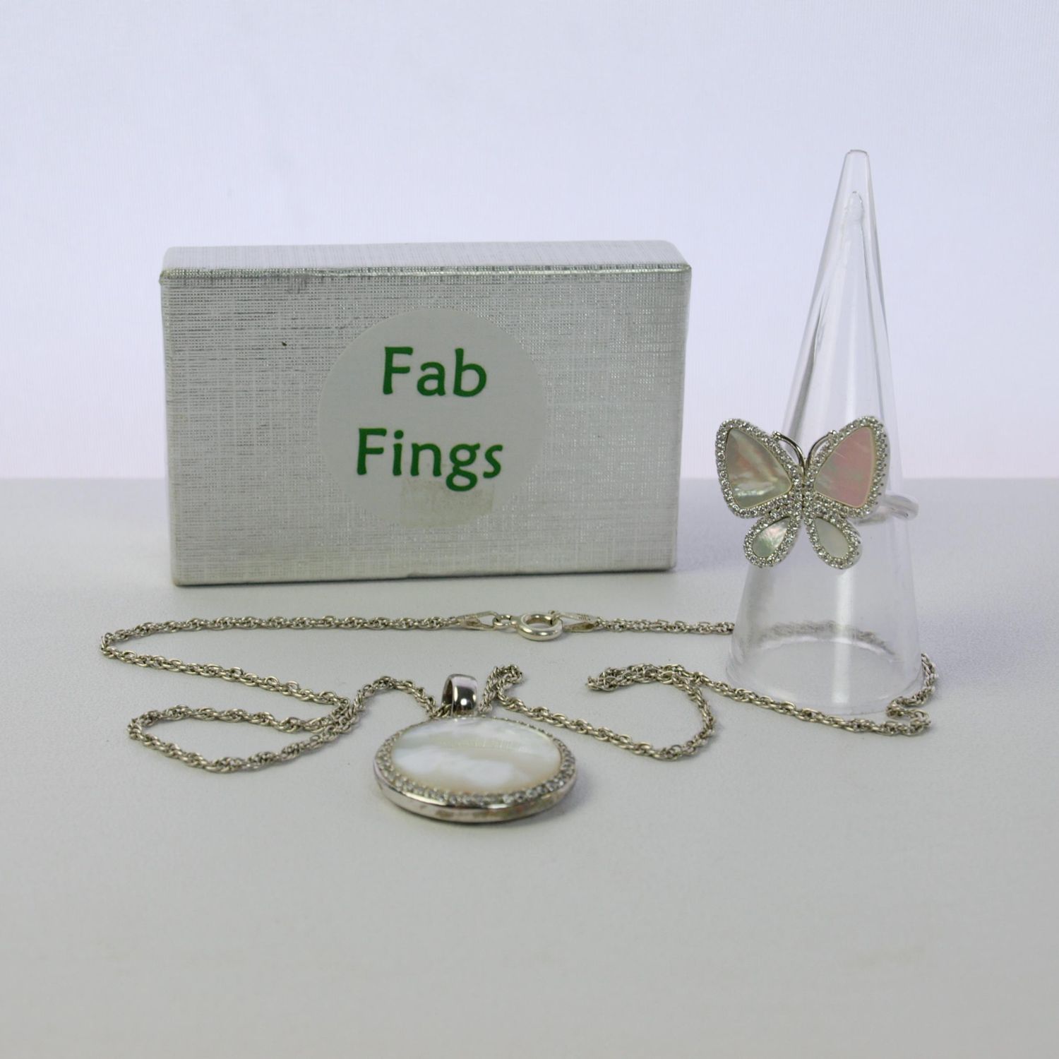 Silver, CZ &amp; Mother of Pearl Butterfly Ring &amp; Necklace 