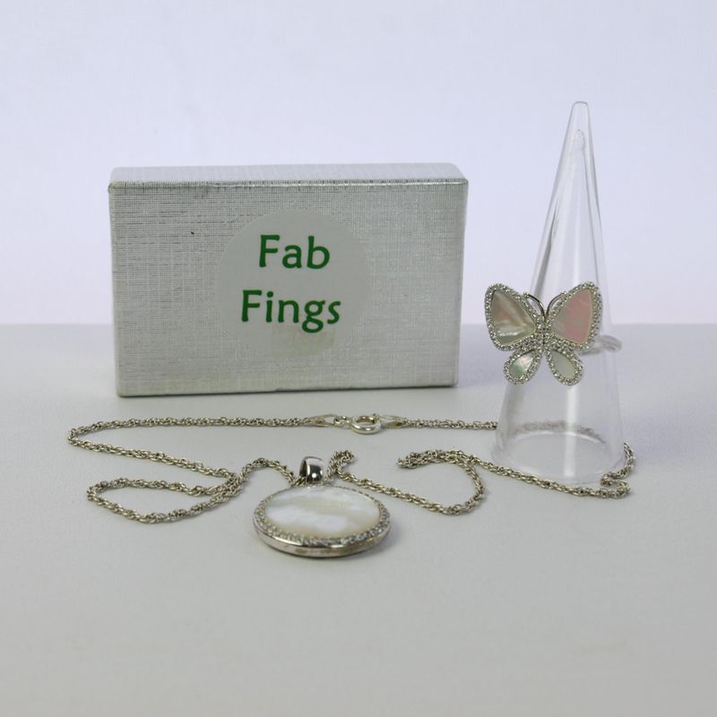 Silver, CZ &amp; Mother of Pearl Butterfly Ring &amp; Necklace 