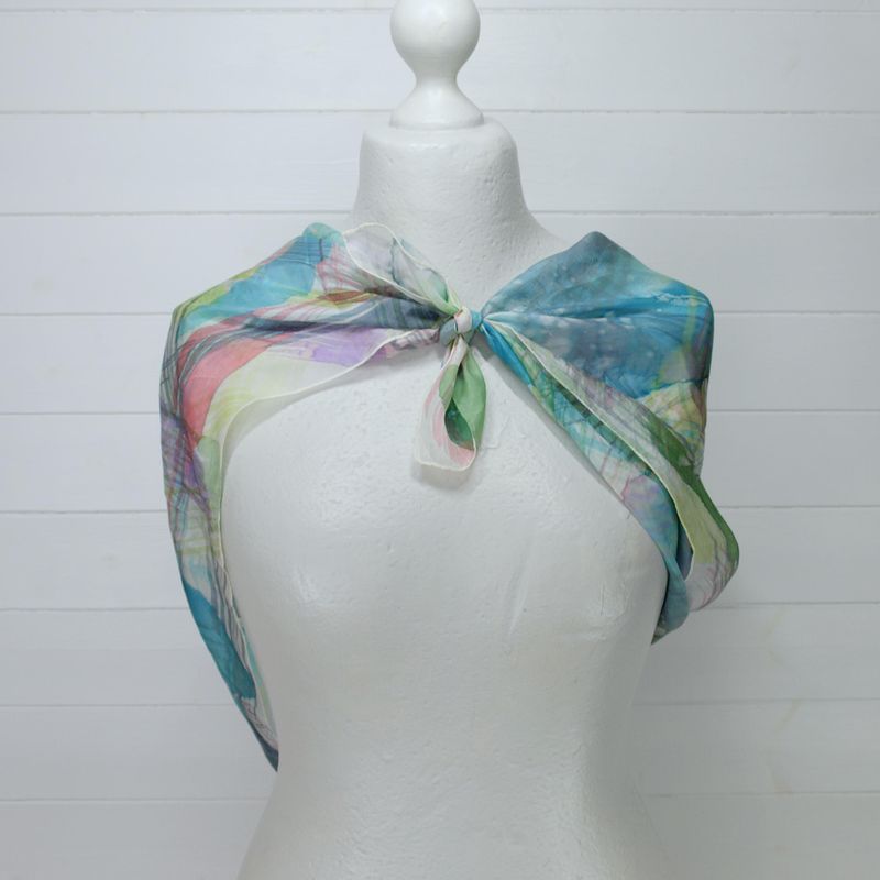 Silk Scarf - Hand Painted &amp; Hand Rolled - Square - Blue, Green