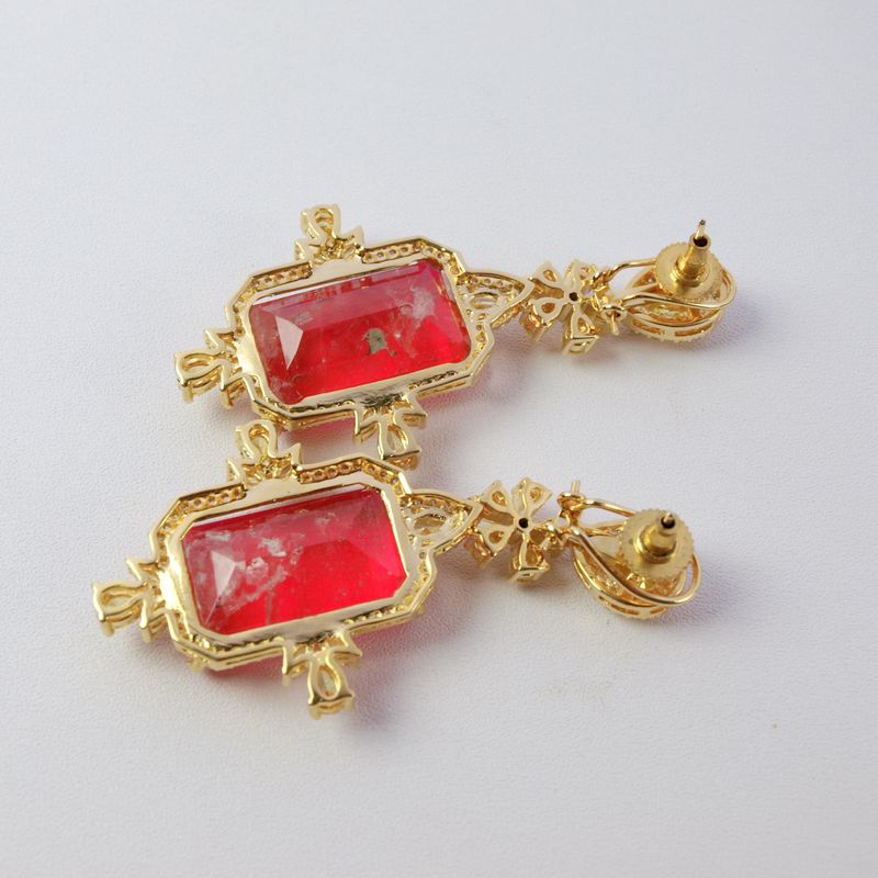 Large Red Doublet Dyed Quartz &amp; CZ Goldtone Dangly Earrings