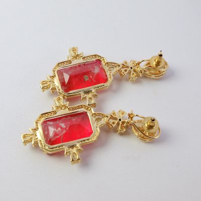 Large Red Doublet Dyed Quartz &amp; CZ Goldtone Dangly Earrings