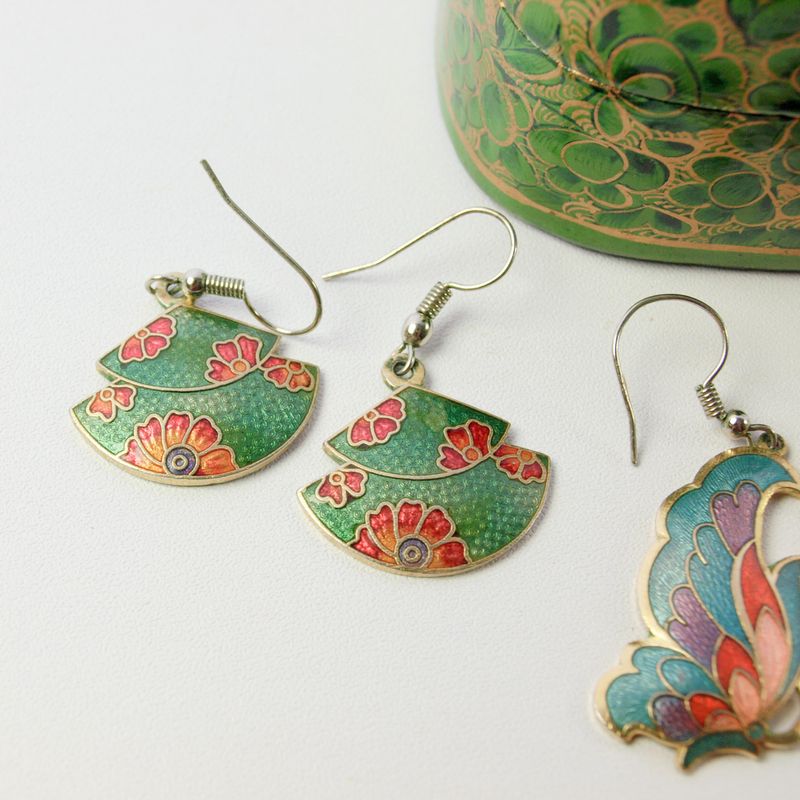 Vintage Enamel Earrings Lot + Kashmiri Papier Mache Box