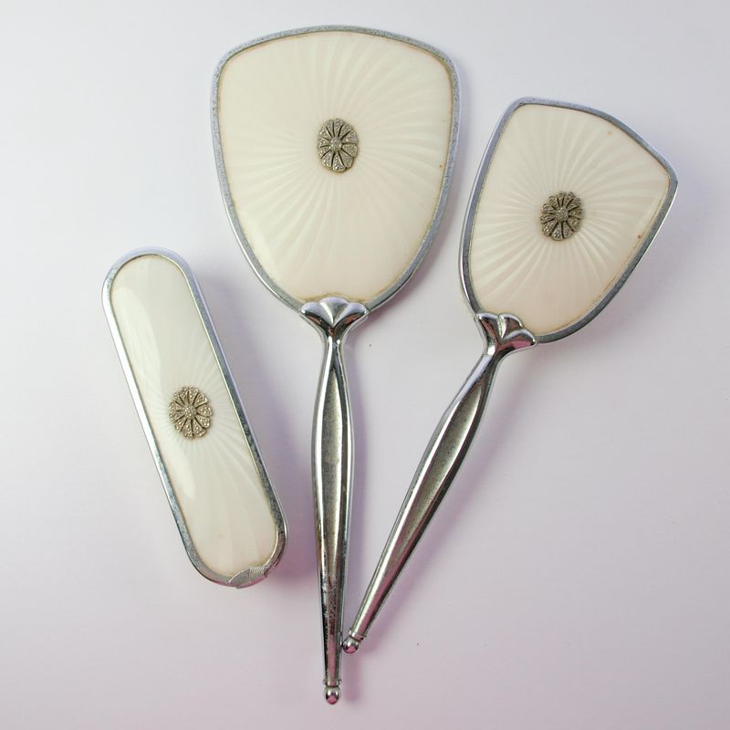 Vintage Vanity Set - Mirror, Hair Brush &amp; Clothes Brush - Chome