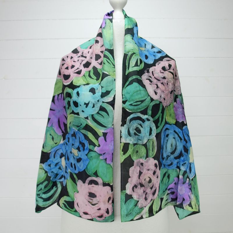Vintage Hand Rolled Silk Rectangle Scarf Black, Green, Blue, Pink Floral.