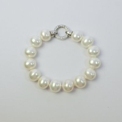 White Faux Pearl &amp; 925 &amp; CZ Bracelet