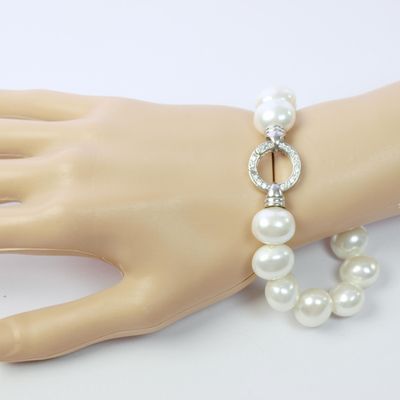 Large White Faux Pearl &amp; 925 &amp; CZ Bracelet
