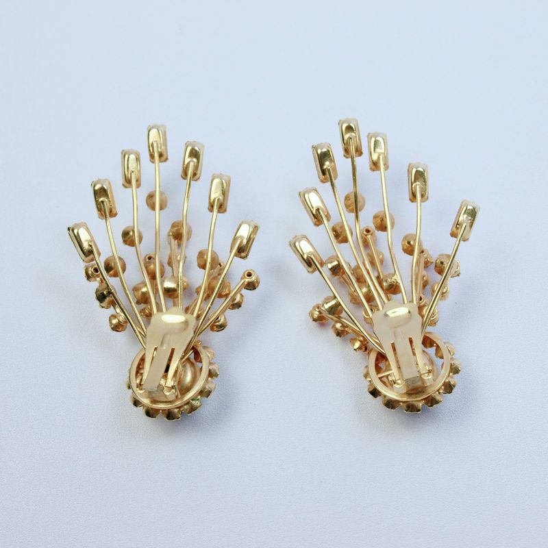 Vintage Clip Earrings Huge Rhinestone Spray on Goldtone Metal