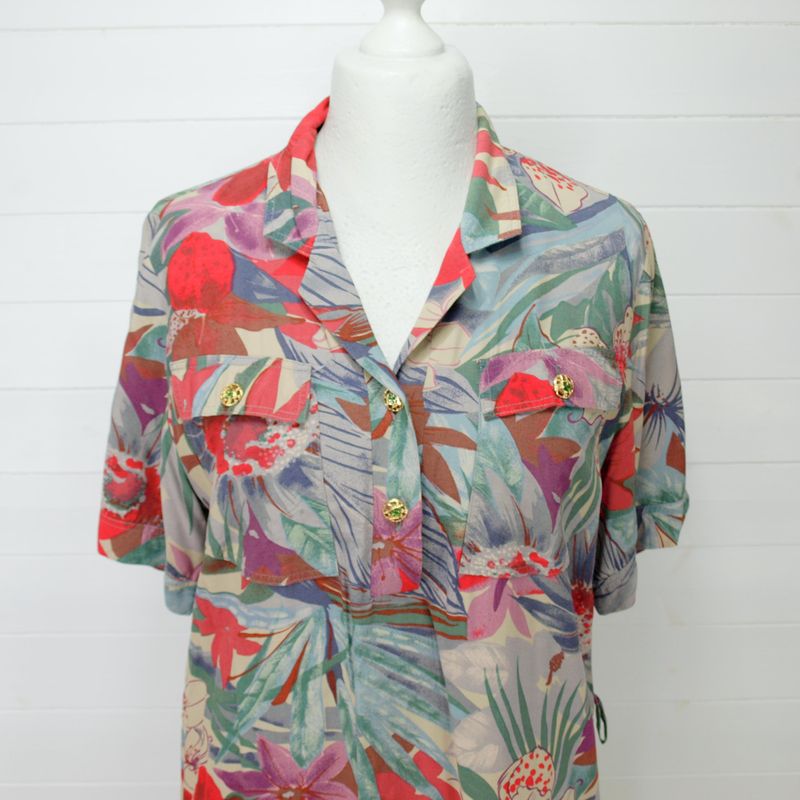 Armonie Italian Vintage 80s Ladies Floral Summer Shirt Dress 14-16