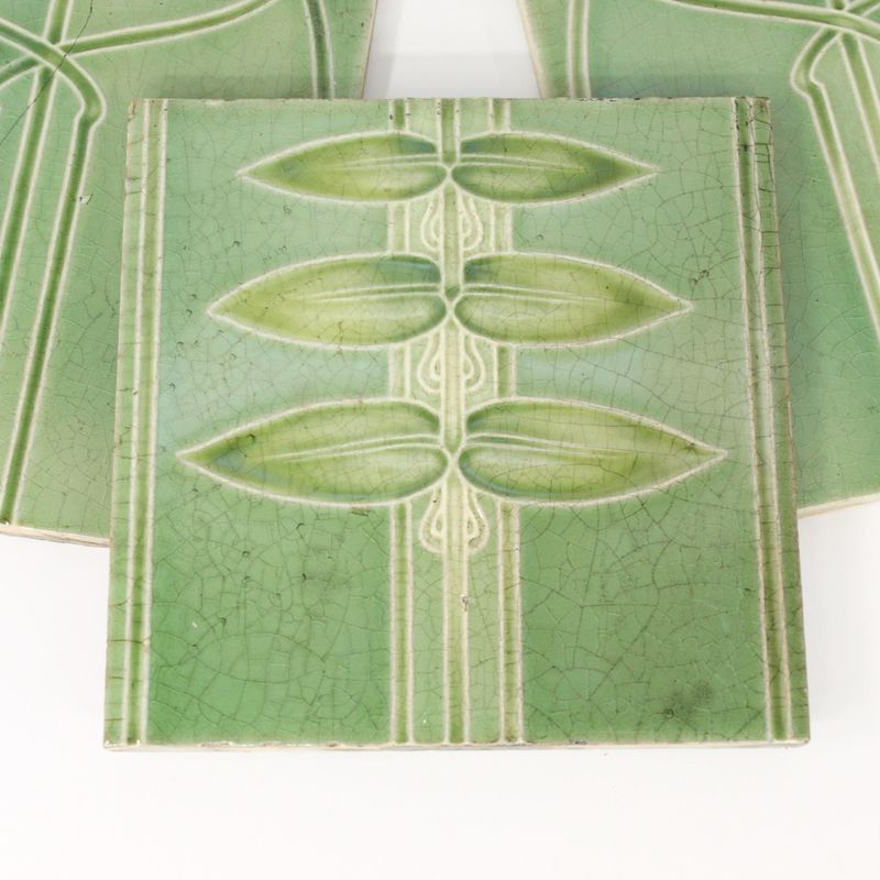 Antique Art Nouveaux Green Floral Majolica Square Tiles