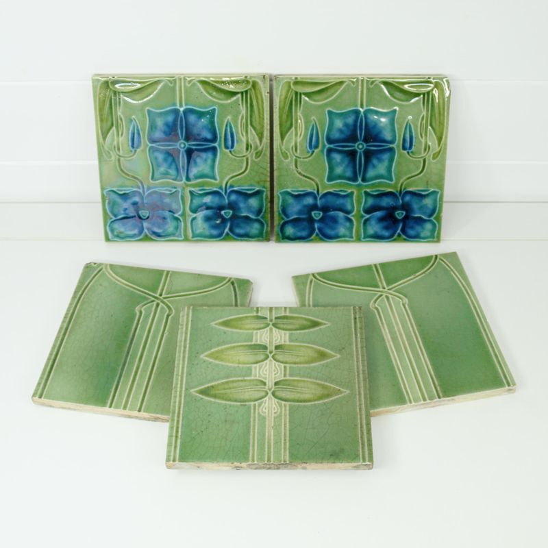 Antique Art Nouveaux Green Floral Majolica Square Tiles