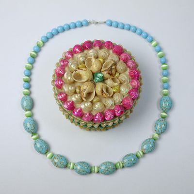 Unique Glass Bead & Silver Necklace + Shell Box