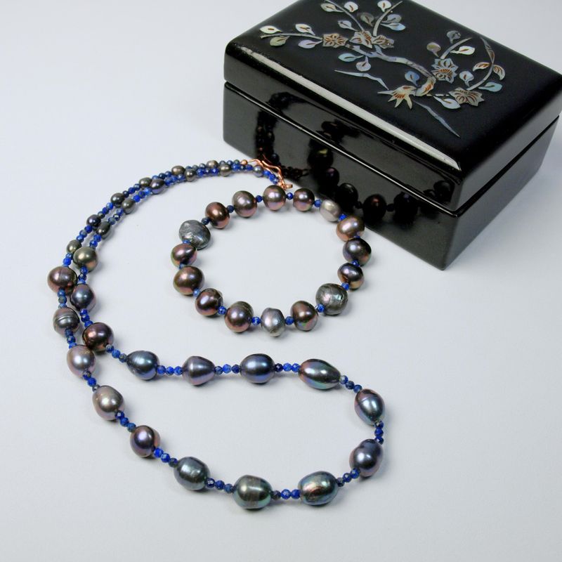 Unique Pearl &amp; Lapis Lazuli Necklace &amp; Bracelet Parure 