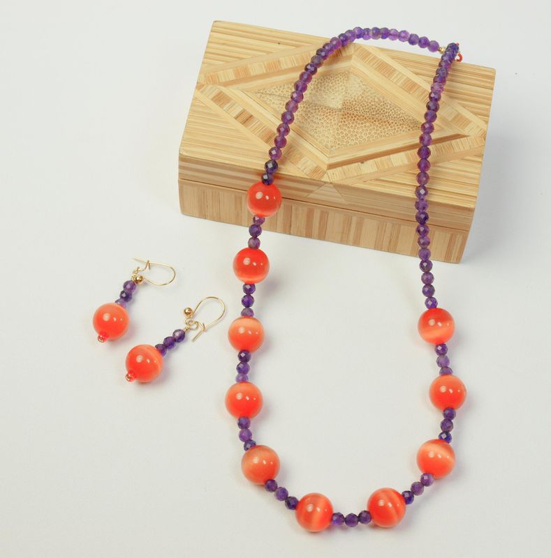 Amethyst &amp; Orange Cats Eye Glass Bead Necklace &amp; Earrings Set