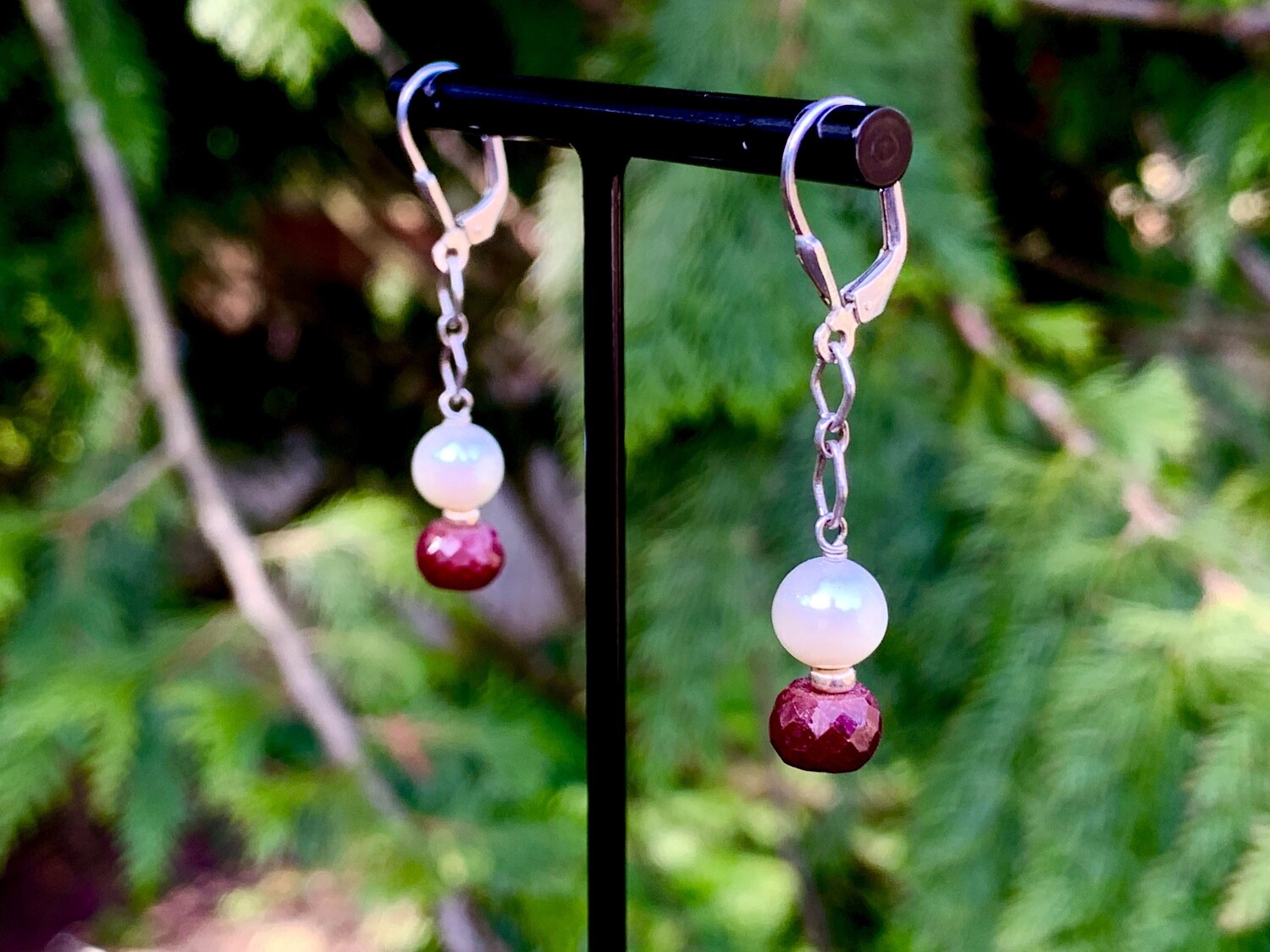 Natural Raw Ruby and Salt Water Pearl Earrings