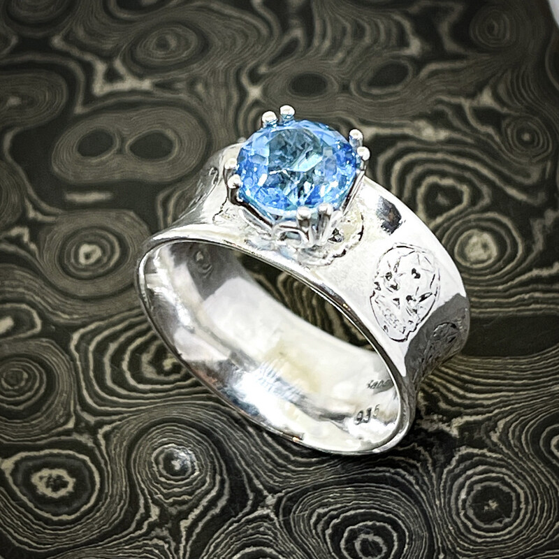 Sugarskull Blue Topaz Ring Size 8.5