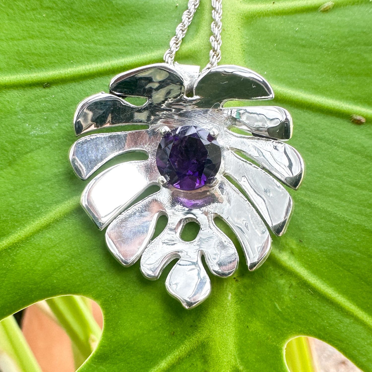 Amethyst Monstera Pendant