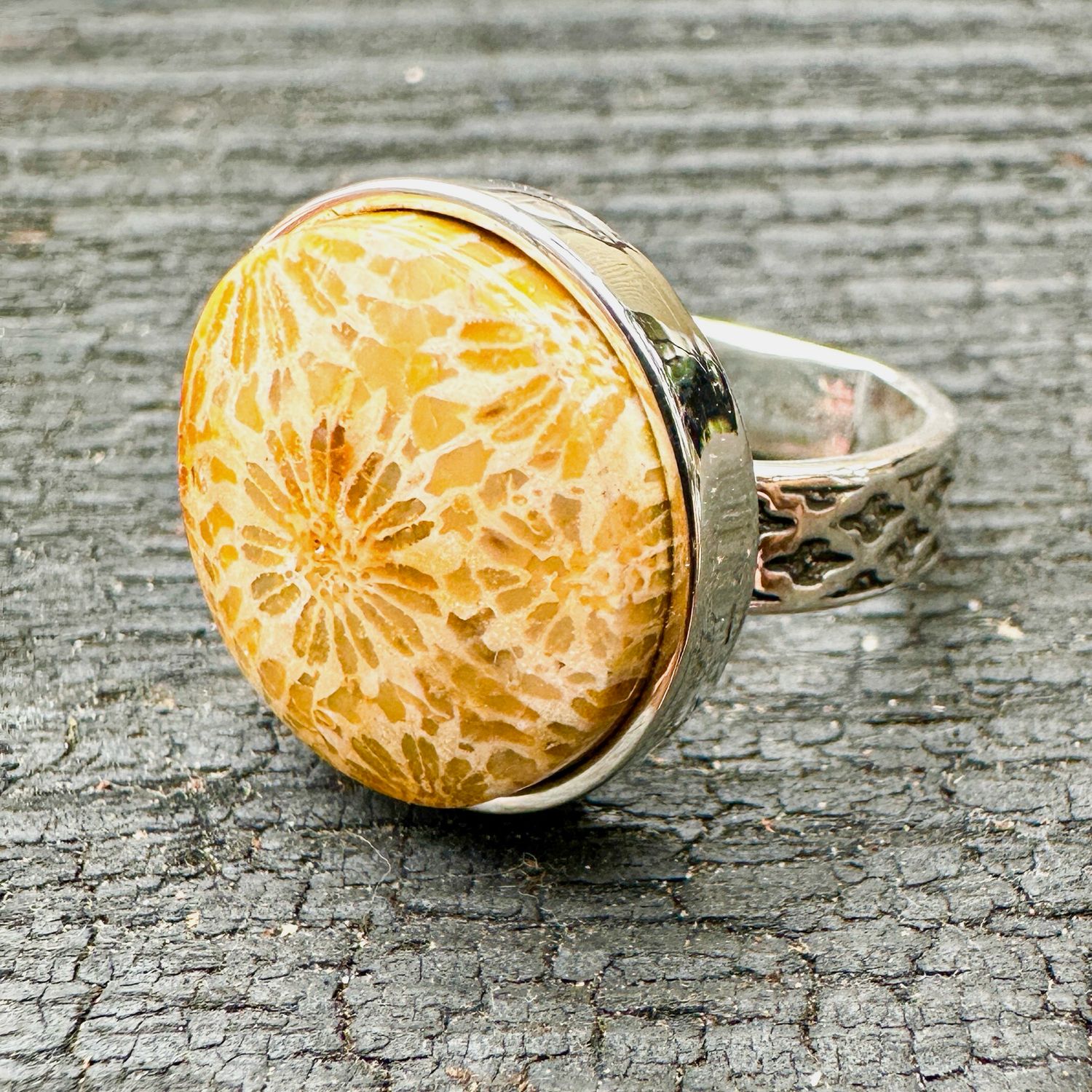 Fossil Sponge Coral Ring size 7