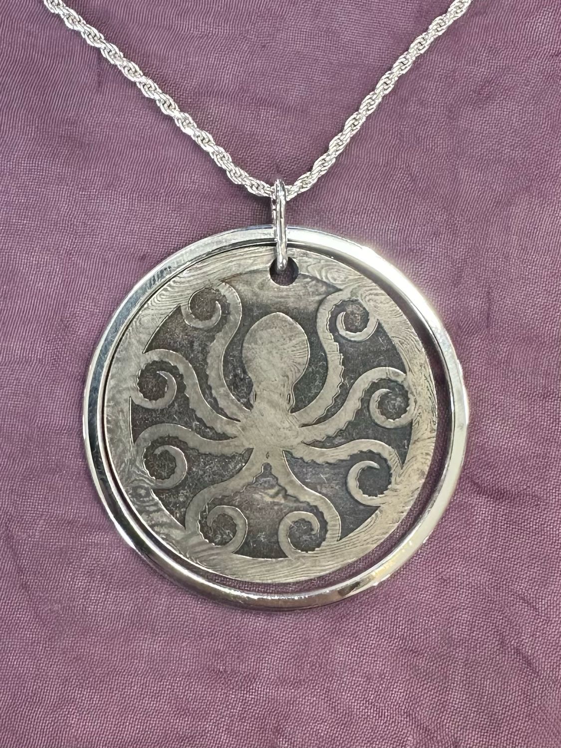 Damascus and Argentium Sterling Silver Octopus Pendant