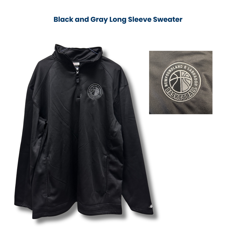 long sleeved black fleece 1/4 zip with a gray NLBA logo on the left chest 