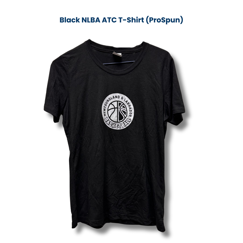 Black t-shit with round NLBA logo in the center chest. 