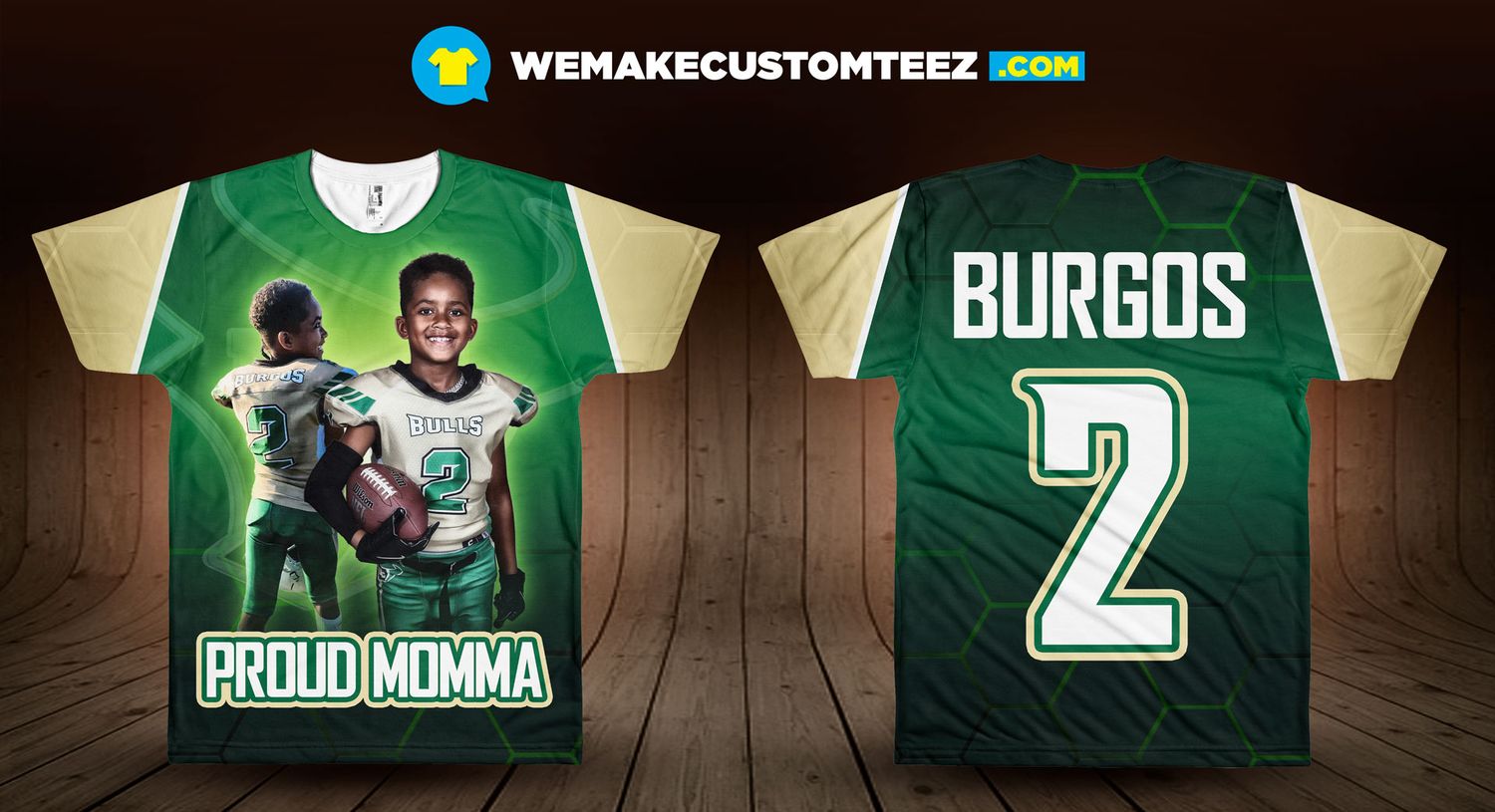 Custom all-over print football shirt featuring young player Burgos (#2) in green Bulls uniform with “Proud Momma” design.